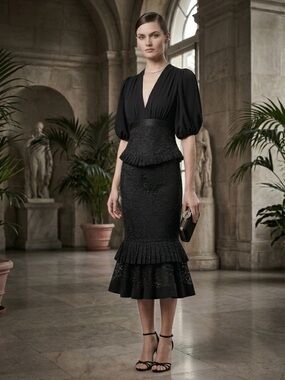 ALEXIS Dilarra Black Embroidered Lace Tiered Ruffle Midi Dress Women’s XS